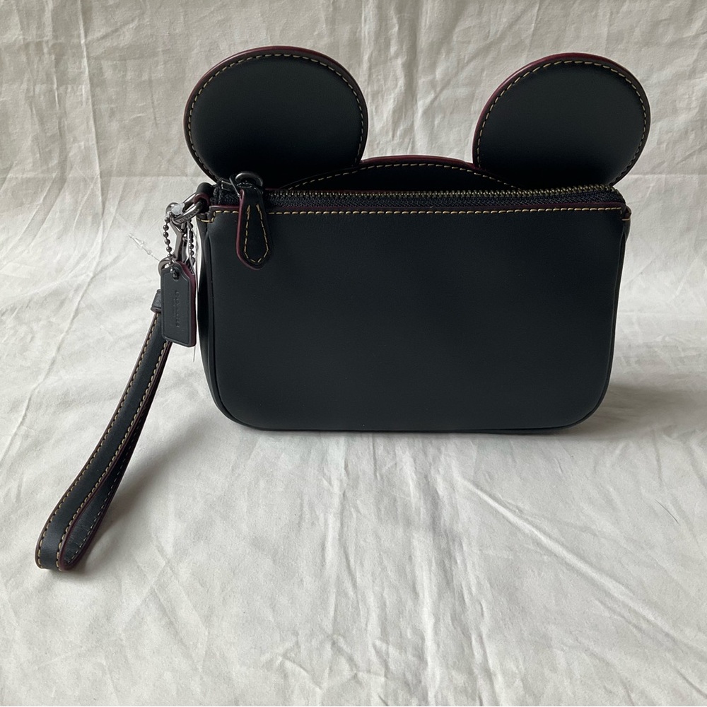NWT Coach F59529 Disney Mickey Black Leather Ear Wristlet